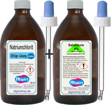 Natriumchlorit 25% + Salzsäure 4% 100ml in Glas inkl. 2 Pipetten Chlordioxid 2-Komponenten-System ASPEX
